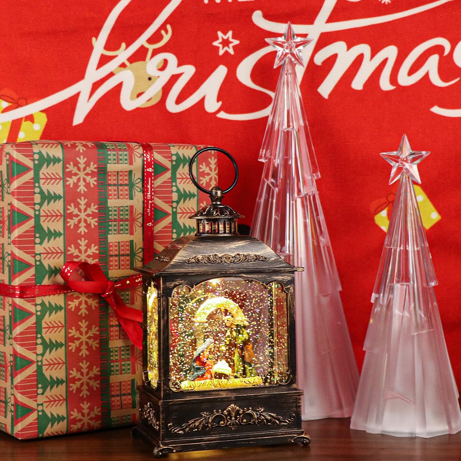 Wondise Christmas Muscal Snow Globe with Timer, USB Plug-in & Battery Operated Spinning Water Glitters Lighted Singing Snow Globe Lantern for Christmas Decorations