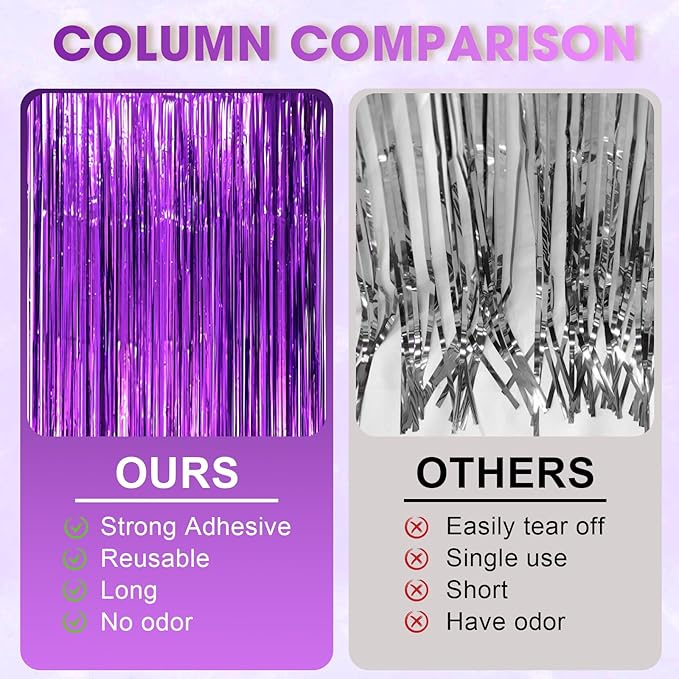 2 Pack Purple Tinsel Foil Fringe Curtains, Purple Party Decorations, Metallic Tinsel Party Streamers Backdrop for Halloween Mermaid Bachelorette Graduation Party Decorations