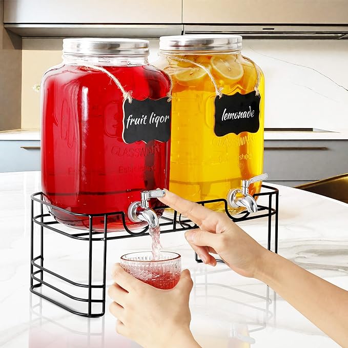 2 Gallon Drink Dispensers for Parties, 2 Pack Beverage Dispensers with Stand, Glass Water Jug Dispenser, with 18/8 Stainless Steel Spigot, Great for Party, Wedding, Picnic, BBQ