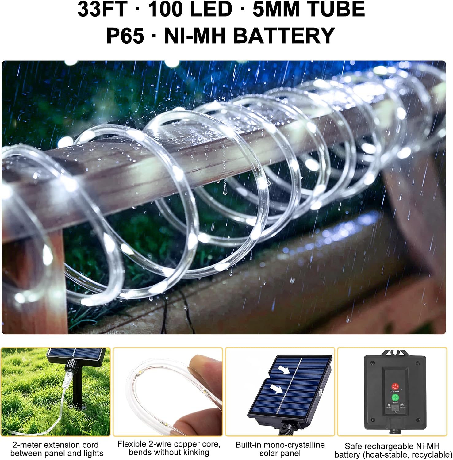 Solar Rope Lights Outdoor Waterproof, 33FT 100 LED Solar String Lights with 8 Lighting Modes,Trampoline Lights, Solar Patio Light for Garden Fence Backyard Deck Porch Pool Tree Christmas Decor