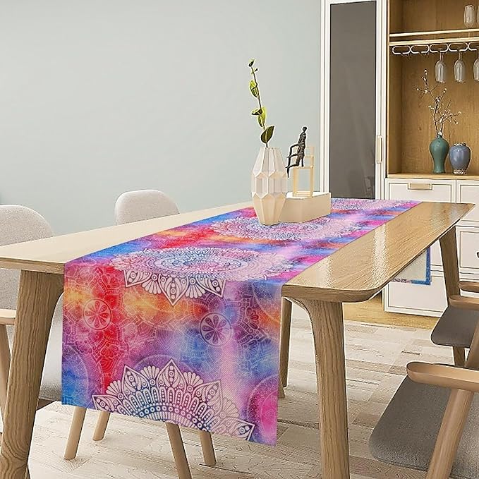 Vintage Mandala Table Runner, Bohemian Indian Purple Starry Colorful Floral Print Table Runner for Home Kitchen Dining Table Party Decor, 13x60inch