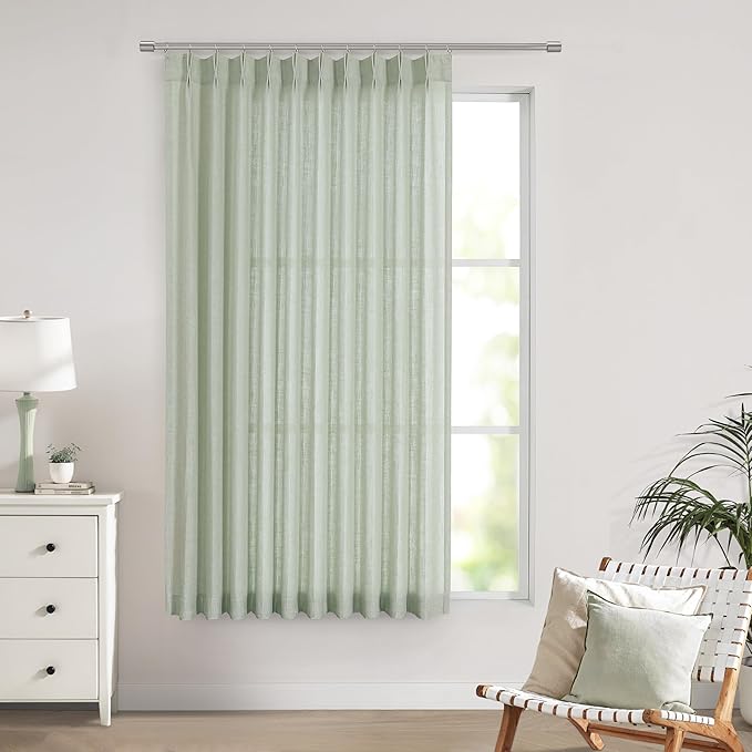 Vision Home Soft Green Pinch Pleated Semi Sheer Curtains Textured Linen Blended Light Filtering Window Curtains 72 inch for Living Room Bedroom Patio Pinch Pleat Drapes with Hooks 1 Panel 60" Wx72 L