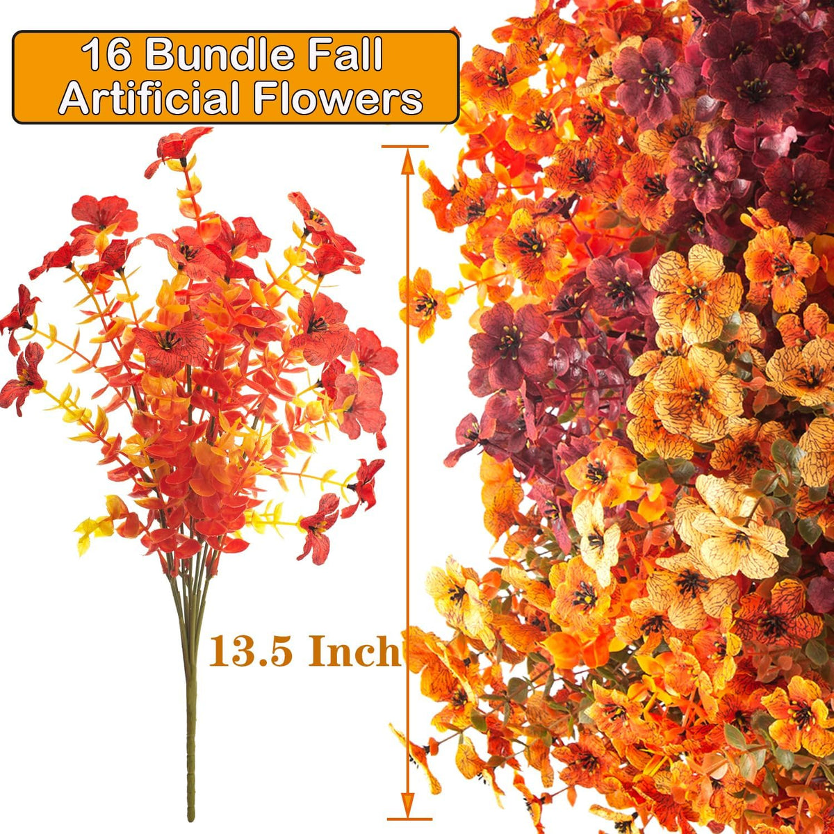 grunyia 16 bundles artificial fall flowers outdoor uv showing dimensions