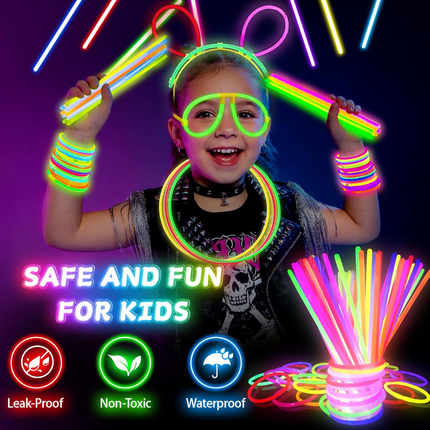SHQDD 100 Glow Sticks Bulk Party Pack, 8” Neon Glow Sticks, DIY Glowsticks with Connectors Bracelets & Necklaces, Glow in the Dark Party Supplies for Kids, Adults, Parties, 4th of July & Halloween