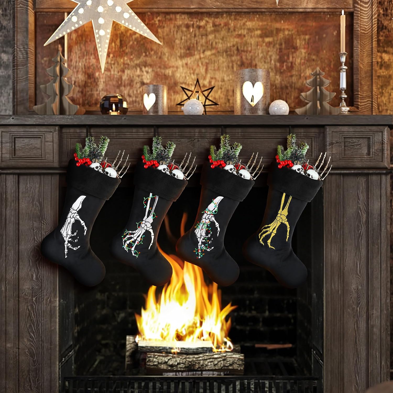2 Pcs Gothic Christmas Stocking Black Velvet Stocking Goth Xmas Skeleton Hand Embroidered Stockings Hanging Ornaments Santa Candy Gift Bags for Christmas Home Decorations(Light)
