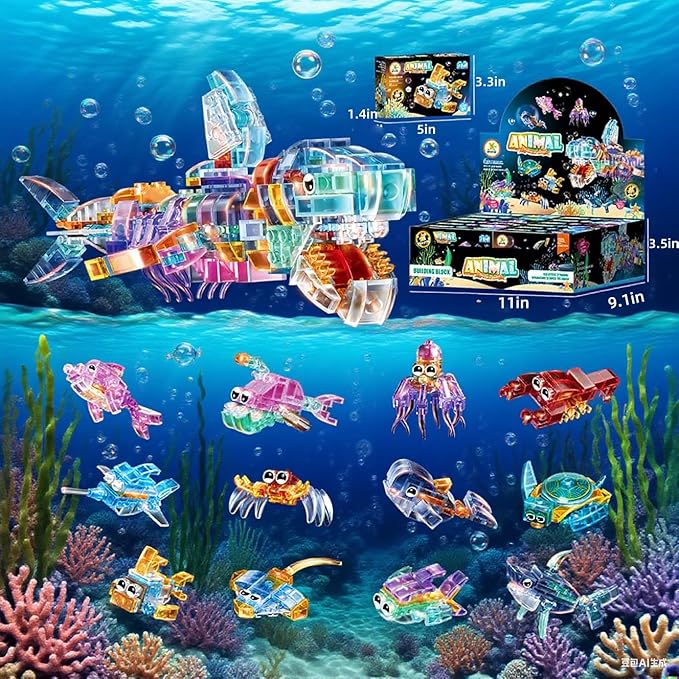 12 Pack Crystal Ocean Animal Party Favors for Kids 12 in 1 Mini Marine Animals Building Blocks Toys,Bulk Classroom Prizes Goodie Bag Fillers Christmas Easter Birthday Gift for Boys Girls Ages 6+