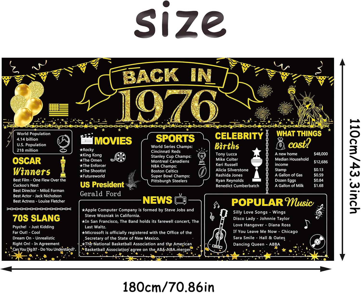 DARUNAXY 50th Birthday Black Gold Party Decoration, Back in 1976 Banner 50 Year Old Birthday Party Poster Supplies Vintage 1976 Backdrop Photography Background for Men & Women 50th Class Reunion Decor
