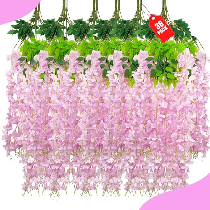 36 Pack Pink Wisteria Hanging Flowers, 3.44 Ft Fake Hanging Flowers, Artificial Wisteria Garland Vines for Wedding Room Backdrop Outdoor Patio Garden Decoration