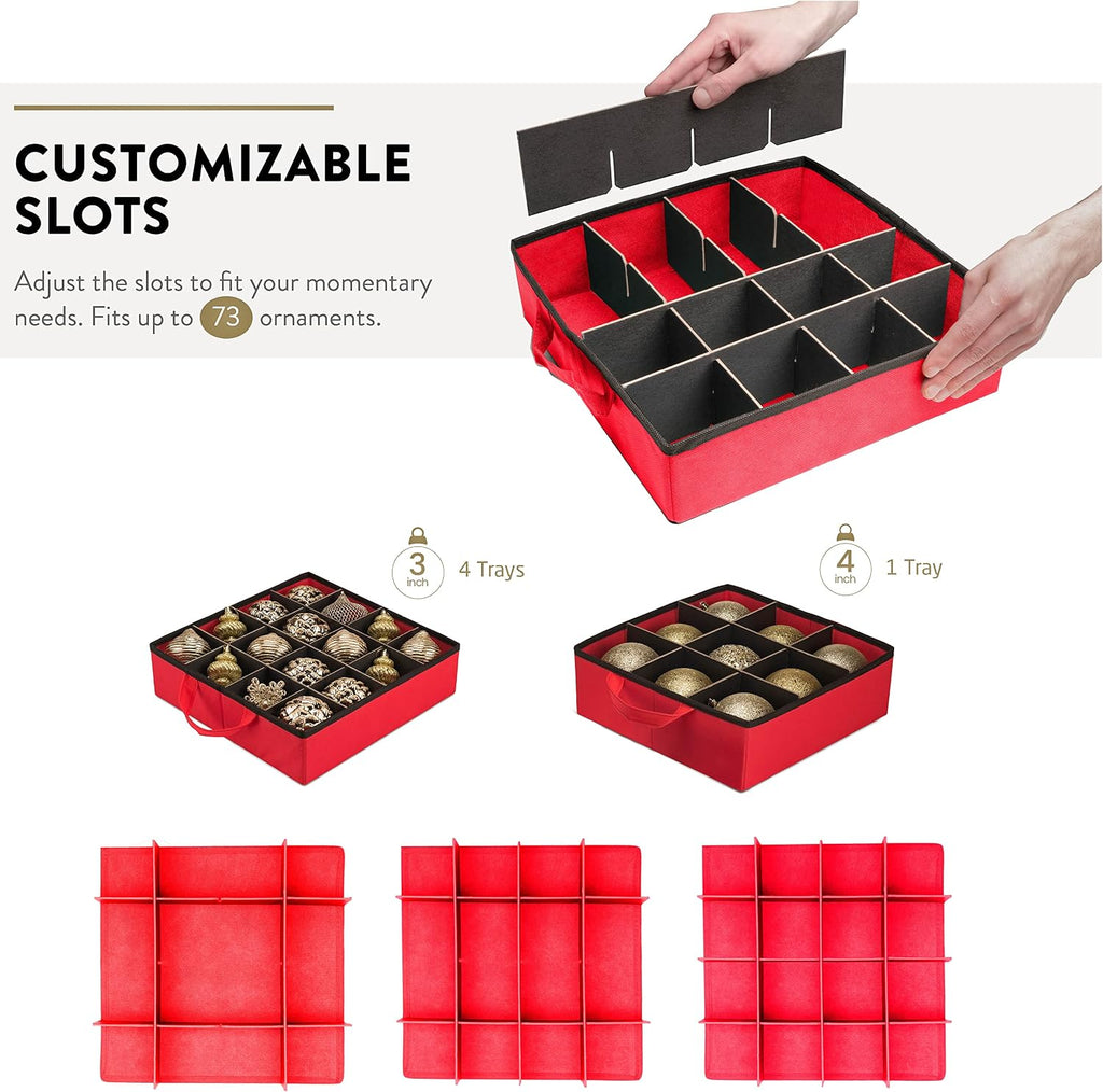 ZOBER All in One Christmas Ornament Storage Box & Decoration Container - Easy Access Removable Trays, Keeps 73 Ornaments - Adjustable Extent Area for Figurines and Pockets for Decoration - Red