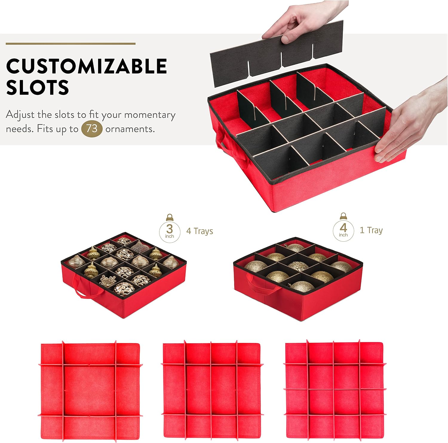 ZOBER All in One Christmas Ornament Storage Box & Decoration Container - Easy Access Removable Trays, Keeps 73 Ornaments - Adjustable Extent Area for Figurines and Pockets for Decoration - Red