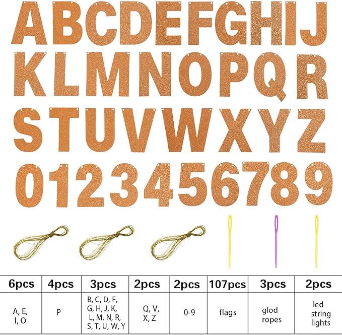 TaoBary 112 Pcs DIY Letter Kit Glitter Customizable Banner Letters Include 107 Letters and Numbers 3 Rope and 2 Needles for Birthday Halloween Christmas Wedding Valentine Party Decor(Glitter Orange)