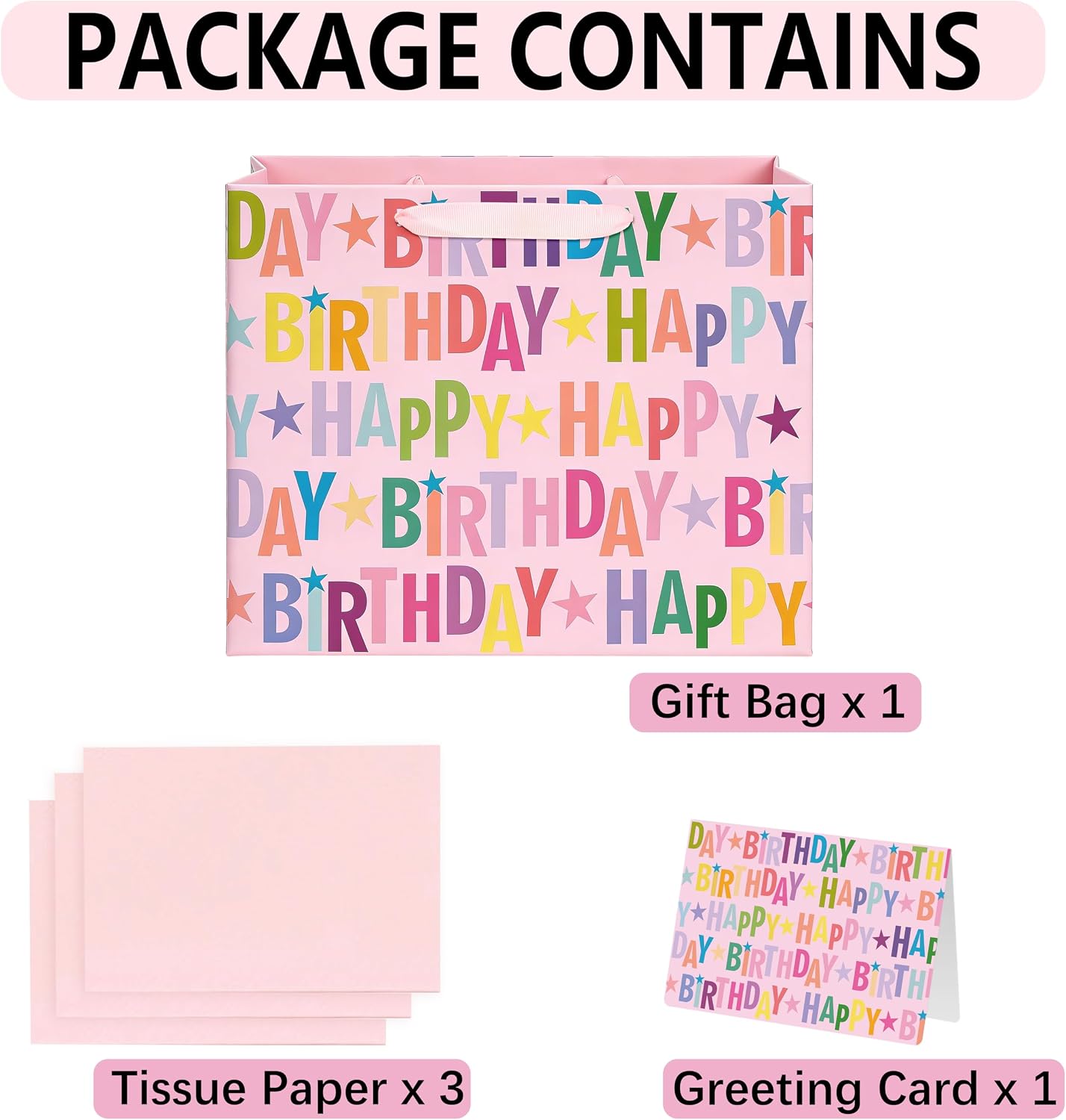 Yusenguan 13" Pink Happy Birthday Gift Bag, Colorful Lettering Design with Card, Tissue Paper and Sturdy Handles for Kids & Adults Birthday Parties