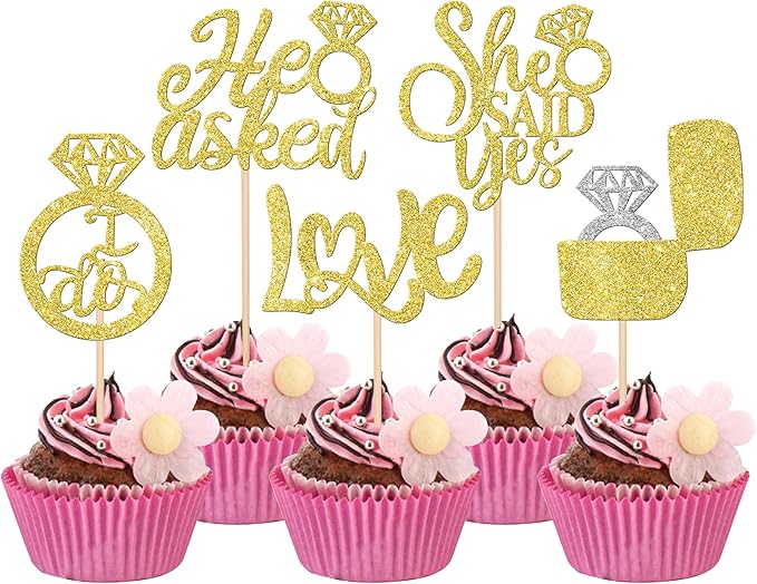 30 PCS He Asked She Said Yes Cupcake Toppers Love I Do Diamond Ring Cupcake Picks for Wedding Enaggement Bridal Shower Party Cake Decorations Supplies Gold