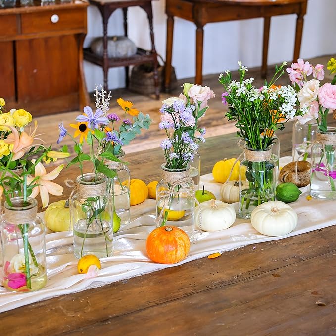 Set of 12 Vintage Glass Vases for Flowers Farmhouse Clear Glass Vases for Centerpieces Small Flower Vases with Twine Ties for Wedding, Parties & Home Decor