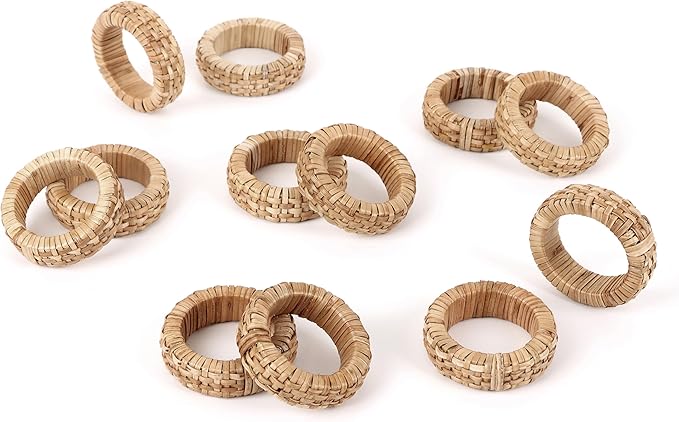 Handcrafted Napkin Ring Set of 12, Unique Cane & Plastic Design, Elegant Tableware, Premium Quality Napkin Ring, Perfect for Dinner Parties, Wedding Decor, Holiday Gatherings (Brown) - CLEENTABLE
