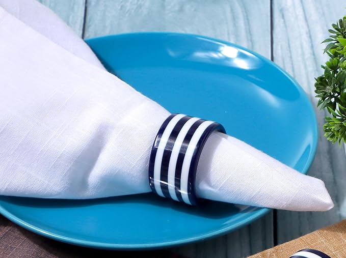 Set of 12 Epoxy Napkin Rings – Elegant Navy Blue & White Napkin Holders for Table Decor, Parties, Weddings & Dining - Modern Round Serviette Rings for Home & Holiday Celebrations - CLEENTABLE