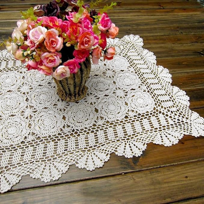 Cotton Handmade Crochet lace Table Runners Rectangular Tablecloth Doilies Doily Table Dresser Scarf Décor,19x35Inch,White