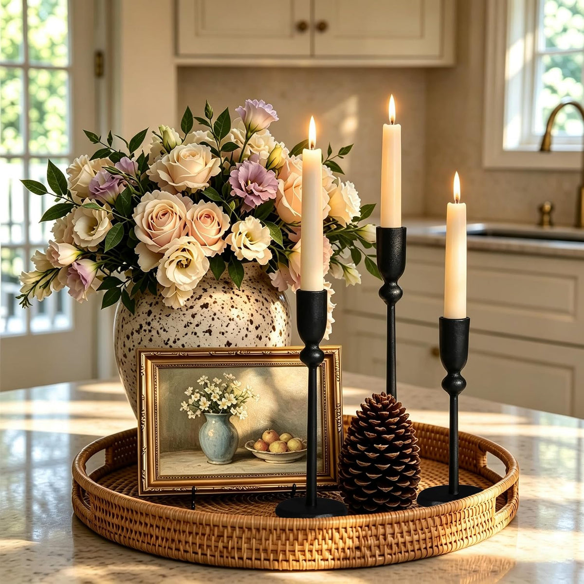 PERFNIQUE Black Candle Holders for Candlesticks Set of 3, Cast Iron Decor