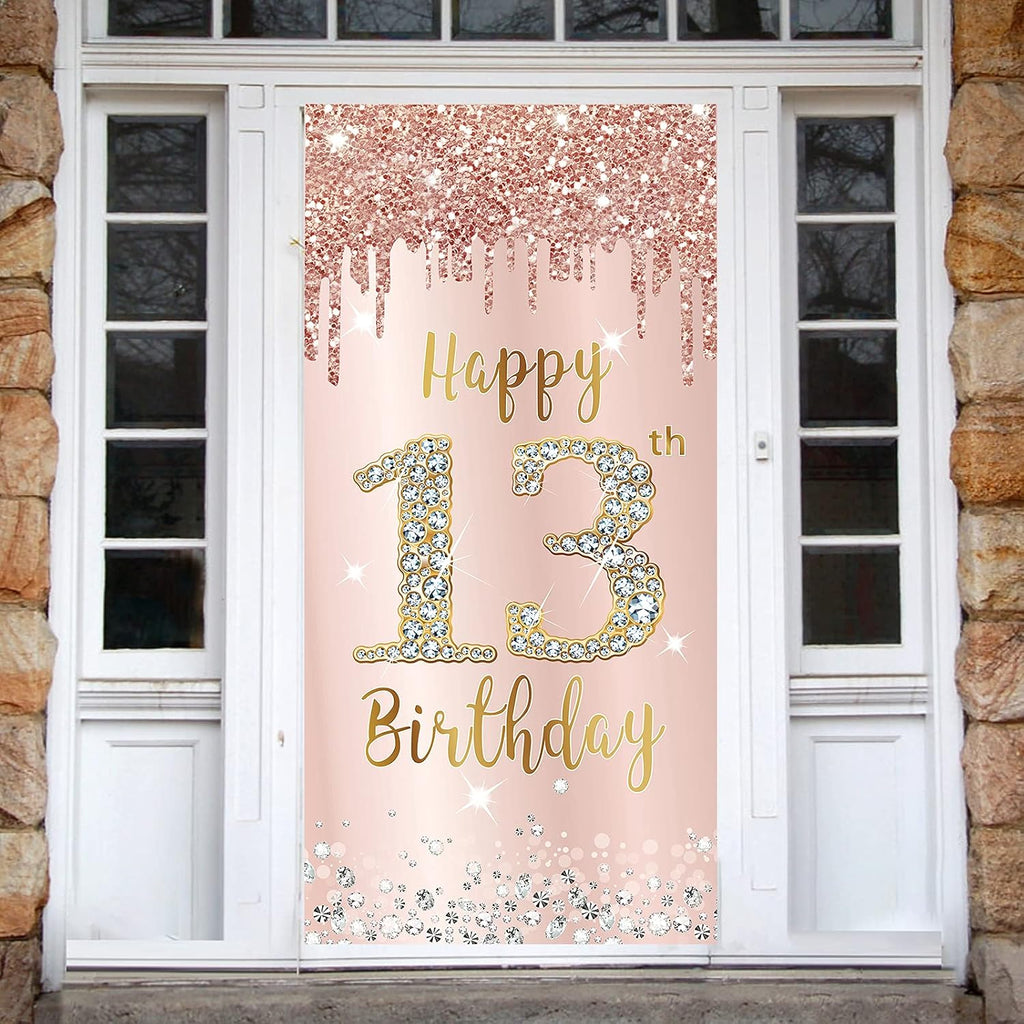 Happy 13th Birthday Door Banner Backdrop Decorations for Girls, Pink Rose Gold 13 Birthday Party Door Cover Sign Supplies, Thirteenth Year Old Birthday Poster Background Photo Booth Props Decor