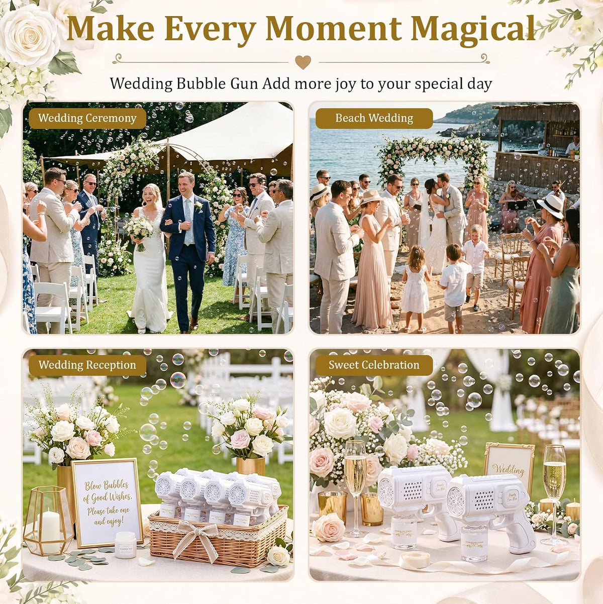 Hollowfly 4 Pack Wedding Bubble Guns Machine Bottles Solution Romantic Bubble...