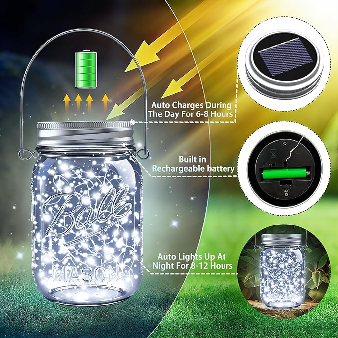 ZNYCYE Solar Mason Jar Lights, 6 Pack 30 LED Waterproof Solar Fairy Firefly Jar Lids String Lights with Hangers(NO Jars) for Outdoor Lawn Patio Garden Yard Wedding Decoration - Cool White