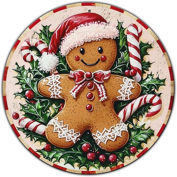Round Christmas Metal Tin Sign Rustic Wall Decor Gingerbread Man Vintage Tin Sign Candy Canes Christmas Tin Sign for Home Garden Kitchen Bar Cafe Restaurant Garage Wall Decor 12 * 12 in