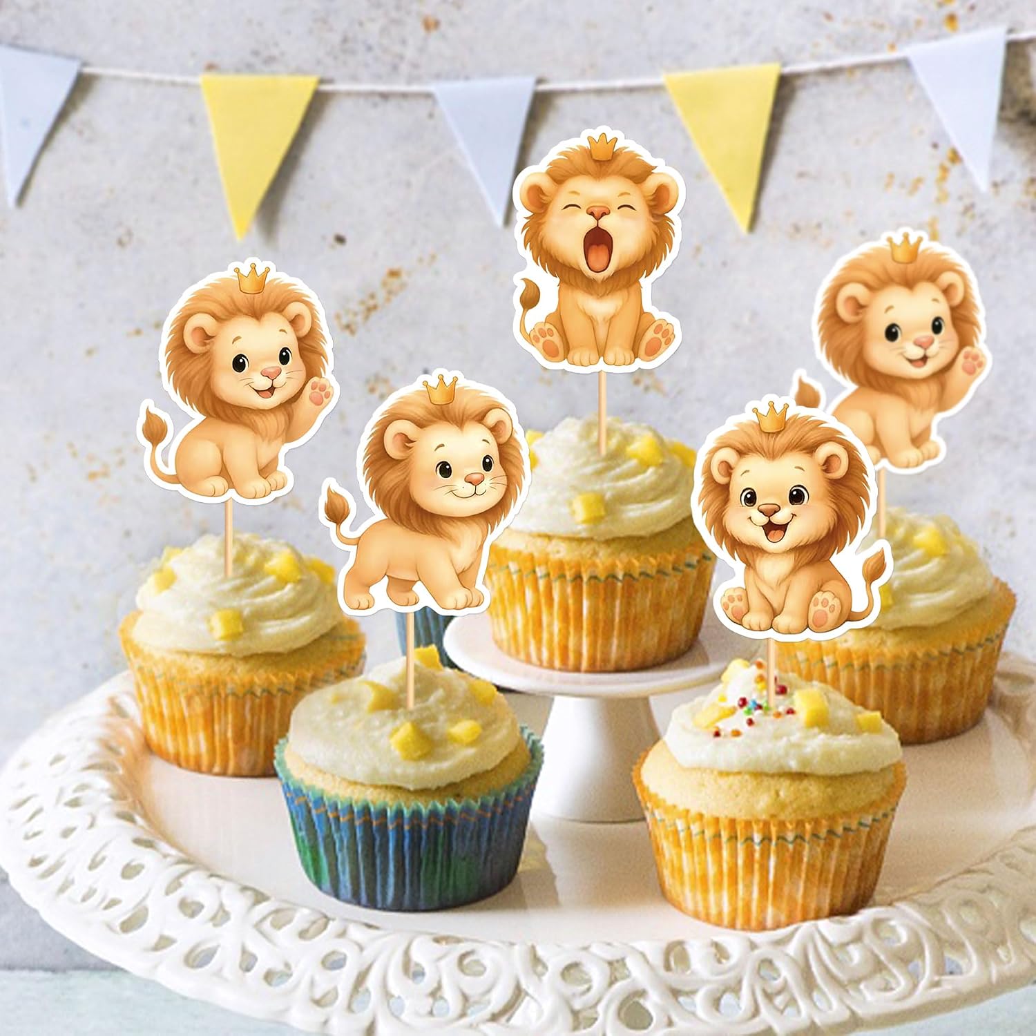 24Pcs Cute Lions Cupcake Topper Cartoon Lion Baby Cupcake Picks Safari Animal Food Picks for Baby Shower Boys Girls Lion Birthday Cupcake Decorations Lions Party Supplies