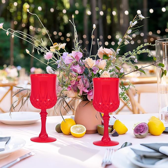 JLYLOL Plastic Vintage Wine Glasses 7OZ Plastic Goblets Vintage Drinking Glasses 24PCS Retro Wedding Glassware Water Goblets Reusable Drinking Cups for Party,Reception,Celebration,Bar,Whiskey(Red)