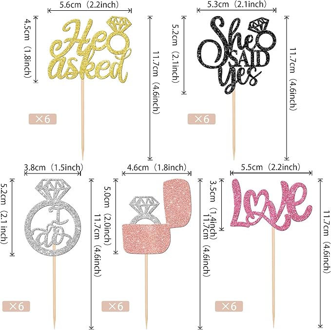 30 PCS He Asked She Said Yes Cupcake Toppers Diamond Ring Cupcake Picks Love I Do Bridal Shower Cake Decorations for Wedding Enaggement Theme Party Supplies Colorful