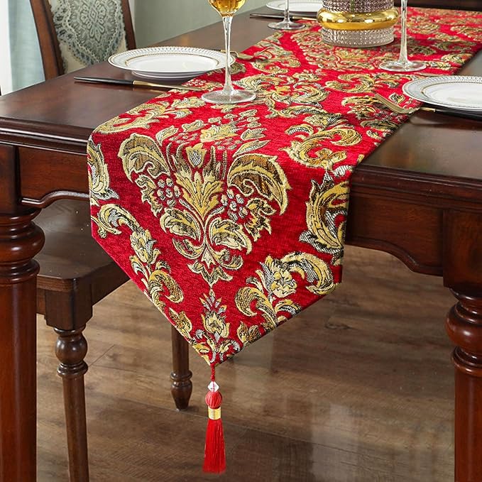 Burgundy Chenille Table Runner Embellished Jacquard with Gold Flower 13"x98" Christmas Deluxe Decor