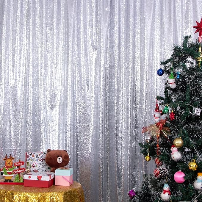 Poise3EHome 7Ft x 7Ft Silver Sequin Backdrop, Glitter Thick Satin Sequin Background Drapes, Sequence Xmas Thanksgiving Backdrop for Wedding Party Holiday Festival Decor