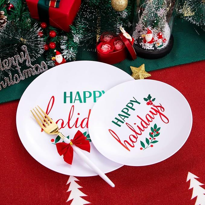 Supernal 150pcs Easter Plastic Dinnerware with Plastic Plates,White and Gold Silverware, Easter Disposable Party Plates with "Happy Holiday" Design for Festival Gatherings