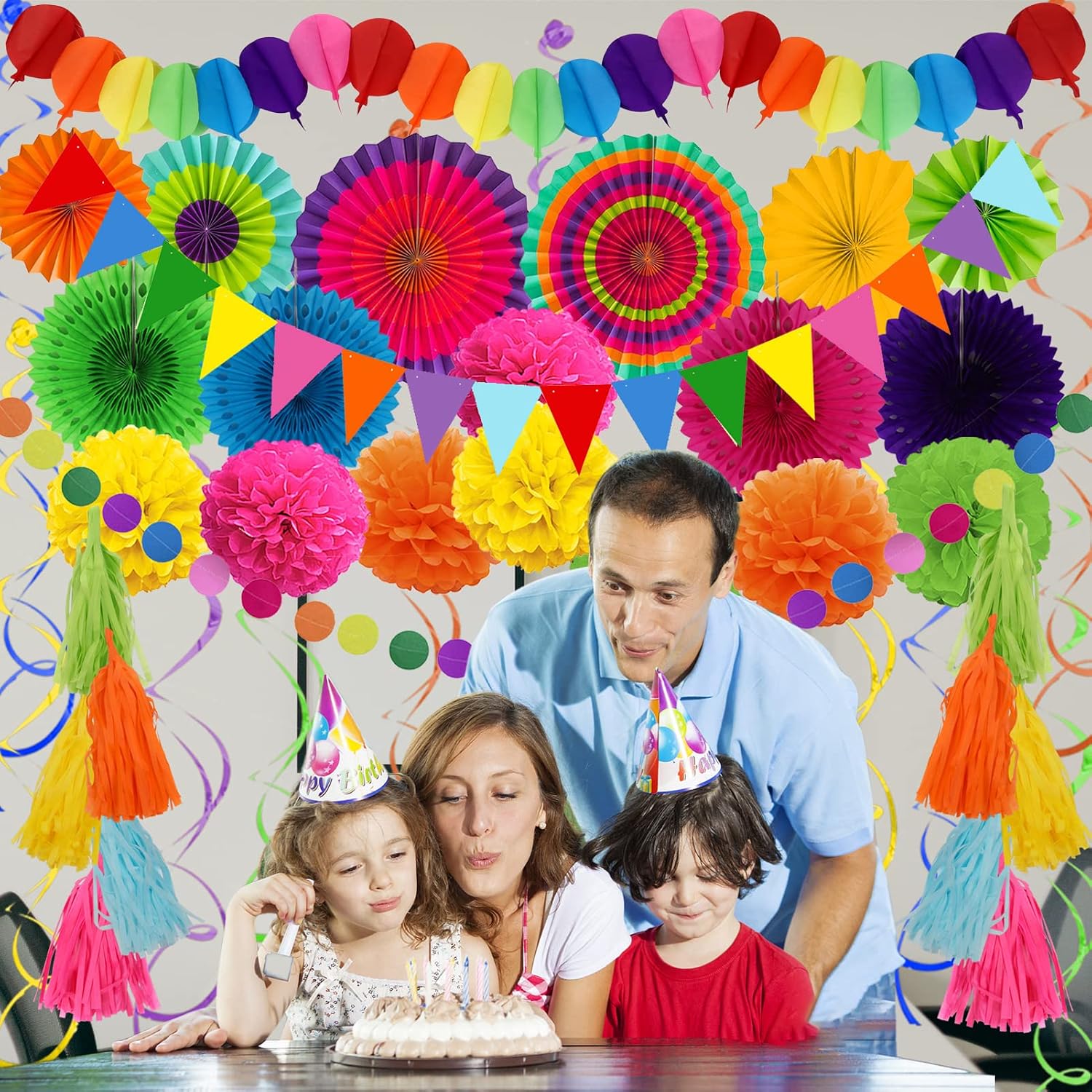 ZERODECO Party Decorations, 41 Pcs Multicoloured Papar Fans Pompoms Garlands String Tissue Paper Tassel for Fiesta Mexican Theme Cinco De Mayo Coco Carnivals Festivals Birthday Party