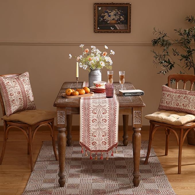 ISAENNE Designer Vintage Linen Table Runner 102 Inches Long,Red Floral Pattern Modern Decor Table Runners for Dining Tables,Thanksgiving,Kitchen Tables,Christmas,Banquet,12"*102"-Chamonix A
