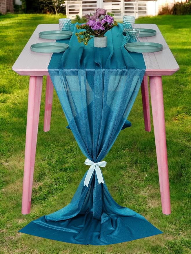 MDS Halloween Chiffon Table Runner - 10 Pack, 29 x 170 Inches, 14ft Each - Sheer Spooky Table Runners for Haunted House Parties, Trick-or-Treat Tables, Witchy Décor, Wedding & Events - Dark Teal