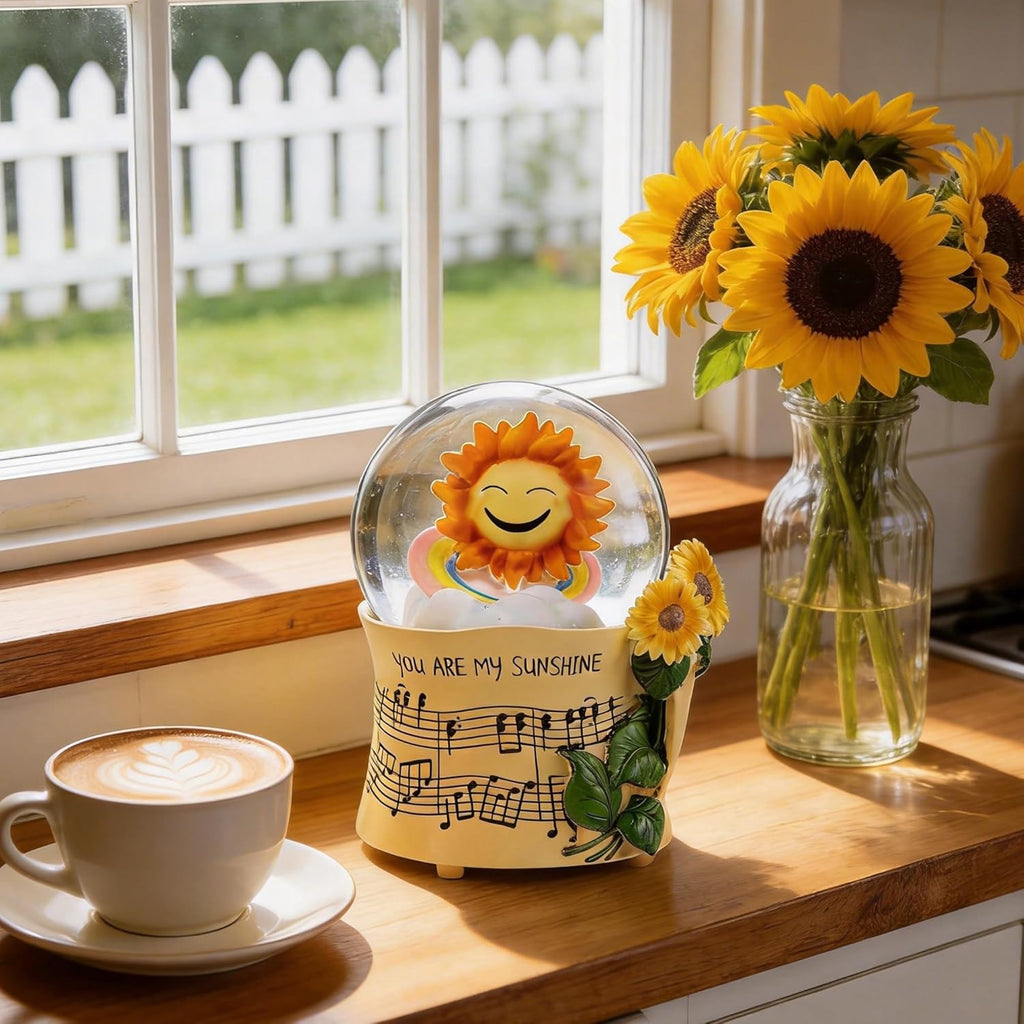 You are My Sunshine Snow Globe Music Box with Colorful Lights, Sunflower Musical Snowglobe, Wind Up Resin Flower Music Box Gifts for Mom Wife Girlfriend Grandma Women Birthday Anniversary
