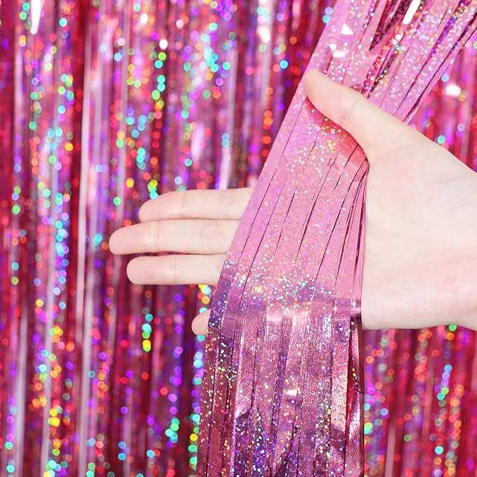 2 Pack Laser Pink Tinsel Foil Fringe Curtains, Mothers Day Pink Decorations, Metallic Tinsel Party Streamers Backdrop for Birthday Bachelorette Graduation Wedding Party Decorations