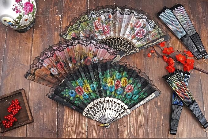 HUNANBANG 1 Dozen 12 Pieces Folding Hand Fans Church Wedding Gift, Party Favors, DIY Decoration Gift Size9 Wholesale 12pack (Flower)