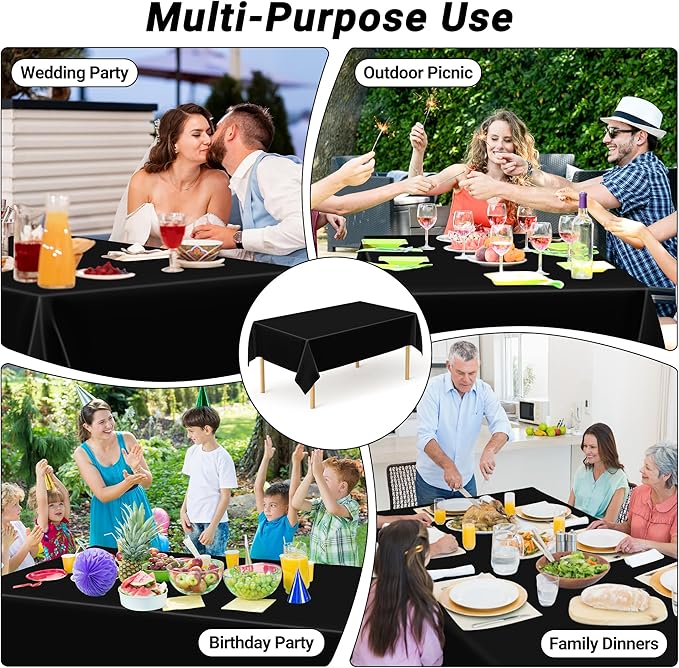 QZYL 12 PCS Table Cloth Rectangle, Black Picnic Table Cover with Bench Covers, 54 X 108 in Disposable Christmas Table Cloth Rectangle Table for Camping Birthdays Weddings Parties
