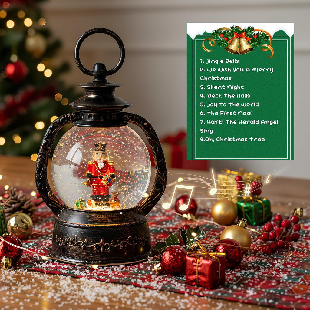 Christmas Snow Globe Lantern Water Glittering Nutcracker with Music & Timer, USB Lined/Battery Operated Lighted Lantern for Christmas Festival Decoration Gifts