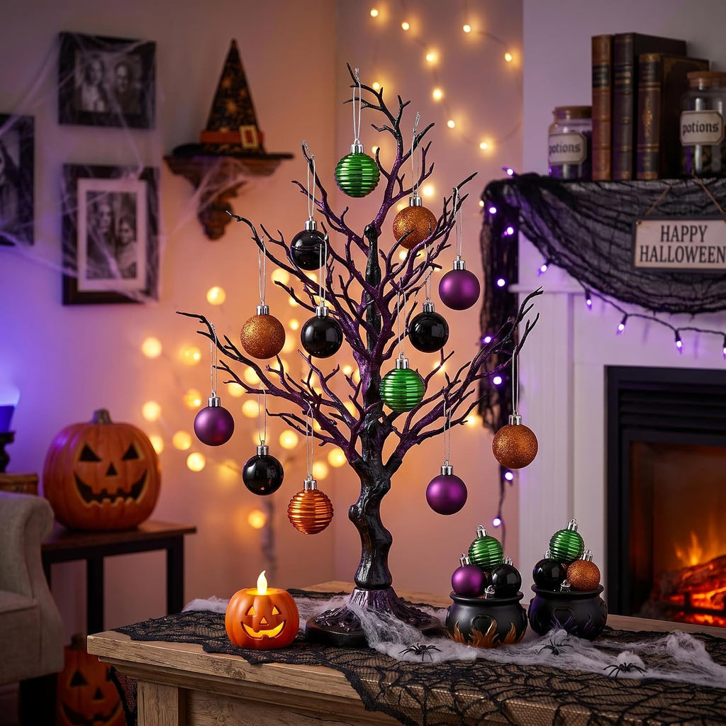 Valery Madelyn 24ct Halloween Ornaments Tree Decorations Indoor 1.6 Inch | Orange Purple Green Black Shatterproof Christmas Ball Ornaments Vintage Hanging Xmas Holiday Party Decor
