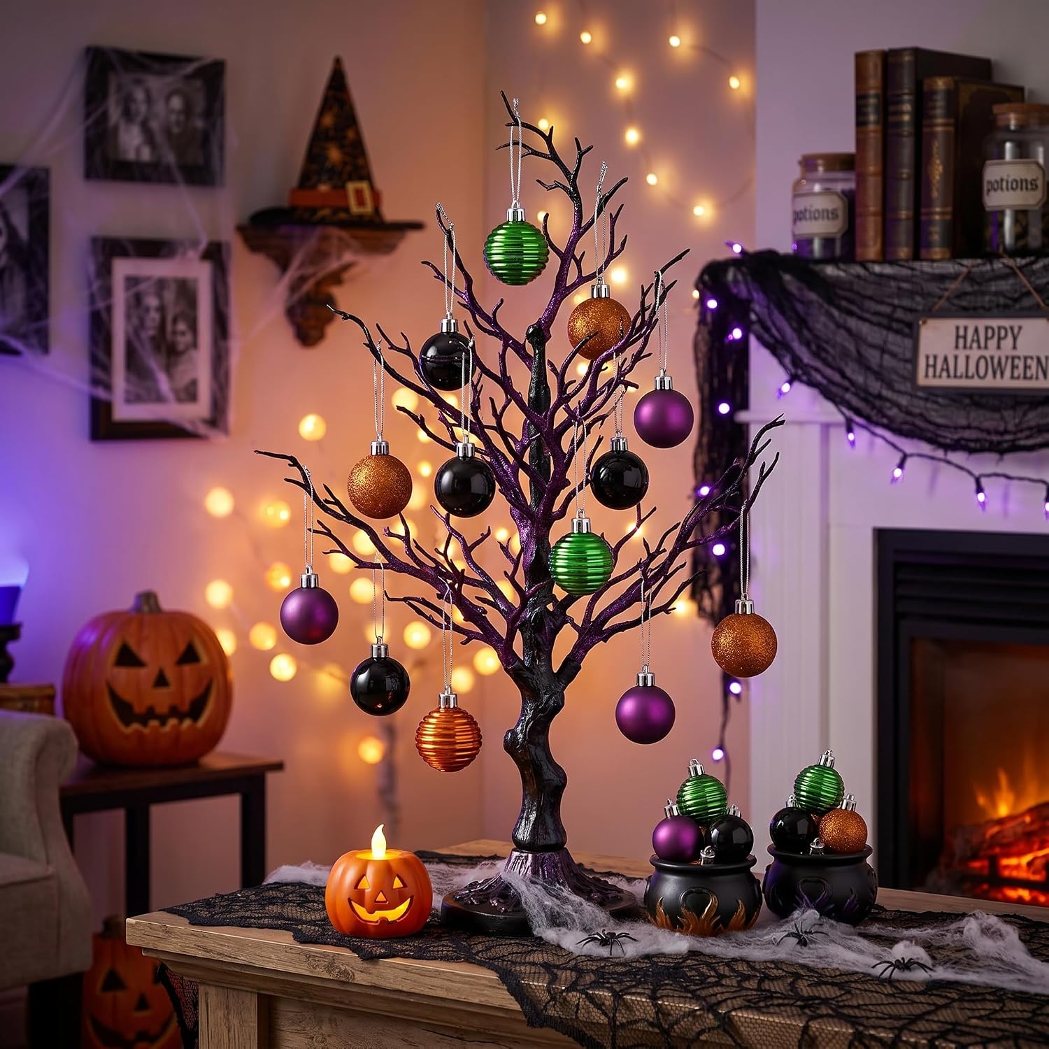 Valery Madelyn 24ct Halloween Ornaments Tree Decorations Indoor 1.6 Inch | Orange Purple Green Black Shatterproof Christmas Ball Ornaments Vintage Hanging Xmas Holiday Party Decor