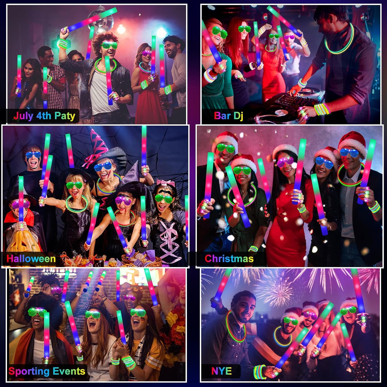 OLUPP 150 PCS Glow in the Dark Party Supplies, 16 Foam Sticks, 16 LED Glasses, 100 Glow Sticks and 18 Finger Lights for Neon Party, 4th of July, Wedding, Birthday, Concert, New Year, Carnivals, Raves