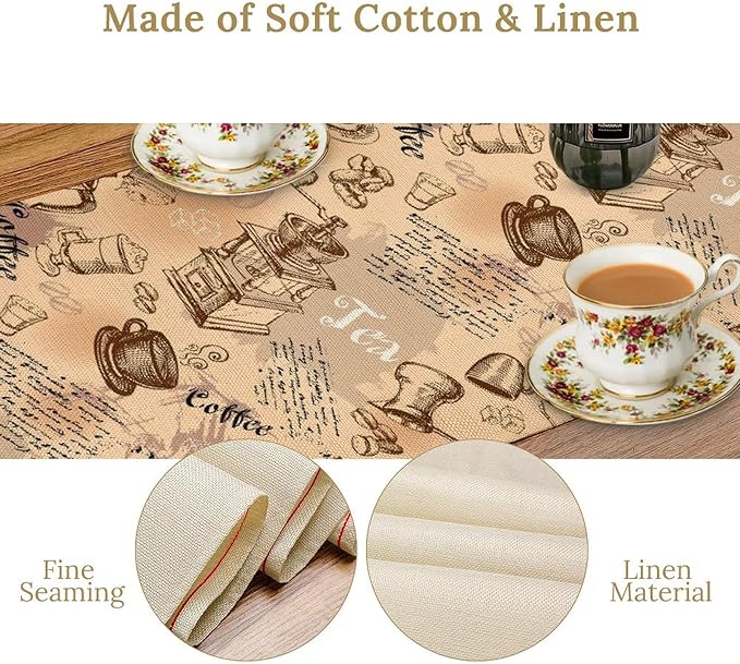 Coffee Theme Table Runner, Rustic Farmhouse Coffee Cup Tea Party Cafe Table Center Decor for Home Kitchen Dining Patio Holiday Party Indoor Outdoor Table Decorations,13"x90" Inch