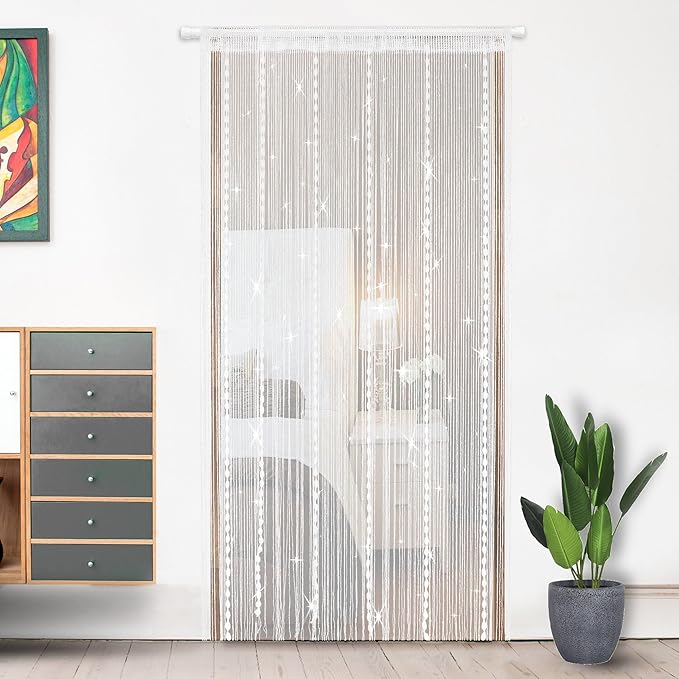 Hysenm Door String Curtains 39x79 Inch White Panel Soft Balls Romantic Glitter Fringe Room Divider Home Décor Wedding Girls Bedroom Window Living Room Backdrop Party Doorways Closet