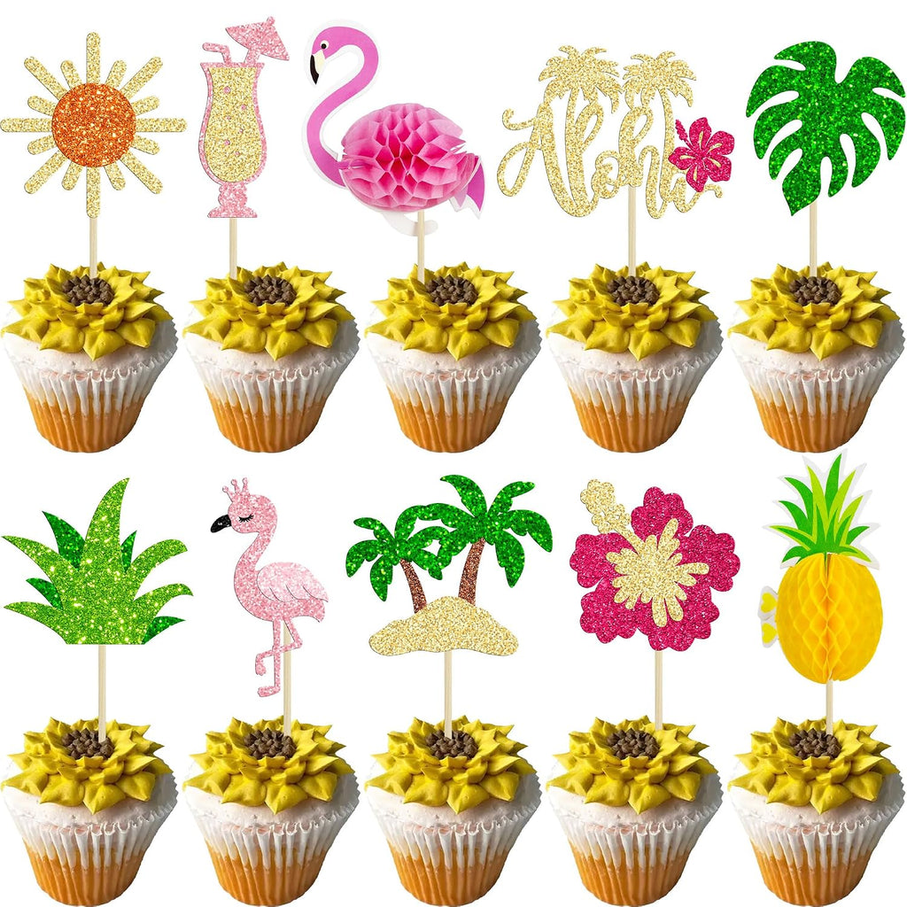 Gyufise 32Pcs Tropical Cupcake Toppers Glitter Luau Cake Topper Aloha Cupcake Picks Pineapple Flamingo Cupcake Decorations for Hawaiian Theme Baby Shower Birthday Party Supplies Pink Yellow Green