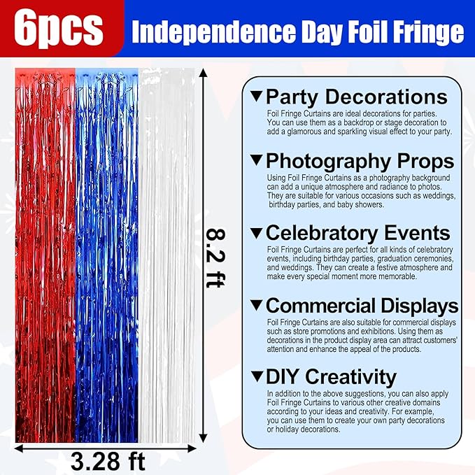 6 Pack White Blue Red Foil Fringe Curtain Backdrop, 3.28Ft x 8.2Ft Metallic Tinsel Foil Fringe Streamer Curtains for Photo Booth, Birthday, Wedding, New Year Party Decorations