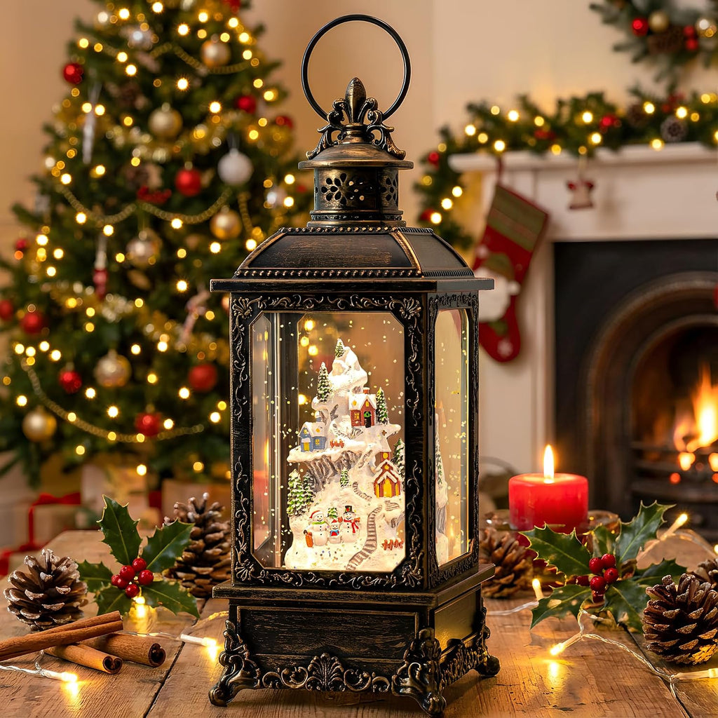 Christmas Snow Globe Lantern Musical Lighted Snow Mountain Snowman Village Water Lantern with Swirling Glitter Decoration for Christmas Home, Living Room, Batter Operated or USB Powered