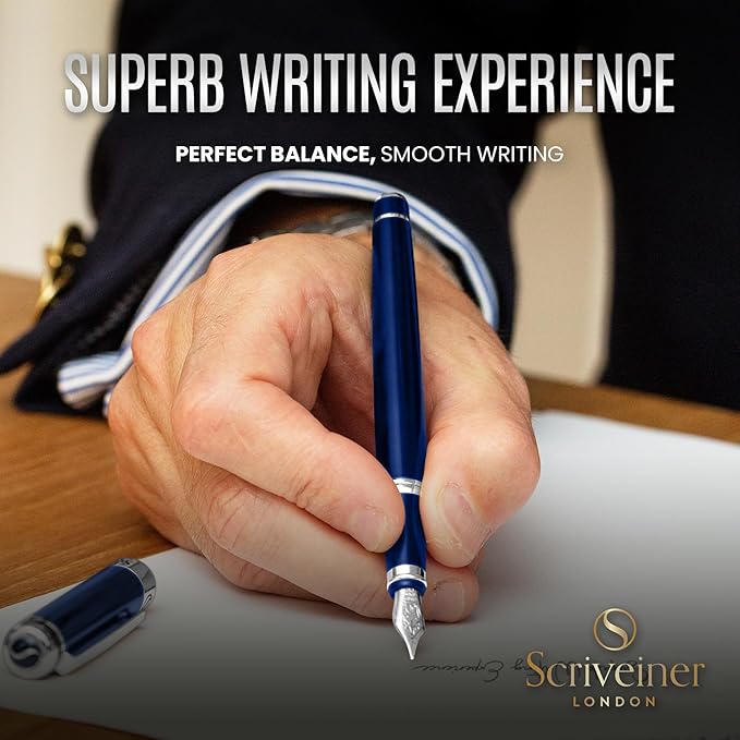 Scriveiner Midnight Blue Fountain Pen - Stunning Luxury Pen with Chrome Appointments, Schmidt Nib (Medium), Best Pen Gift Set for Men & Women, Professional, Executive, Office, Nice Pens