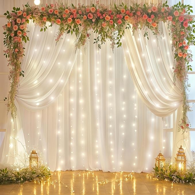 10ft x 7ft Cream White Chiffon Backdrop Curtain with Lights String for Parites Wedding Wrinkle Free Curtain Photo Backdrops Drapes for Baby Shower Birthday Party Home Decorations